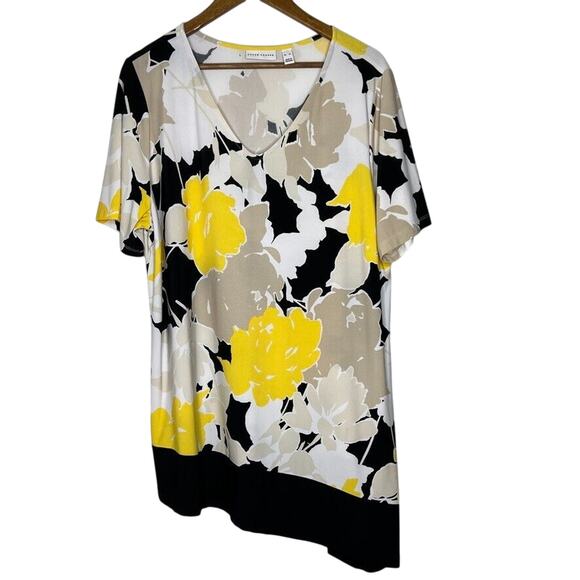 Susan Graver Liquid Knit Tunic Top Size XL Yellow Floral Asymmetrical - Picture 1 of 8